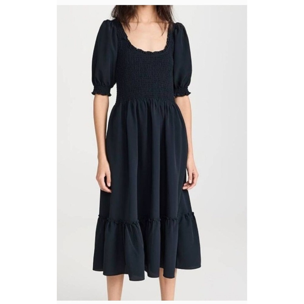 Hill House Home The Louisa Nap Dress Black Smocked Puff Sleeve Midi Dress Small
